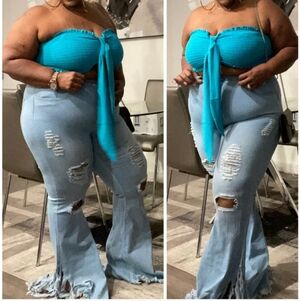 Stylish Light Blue Distressed Flare Jeans